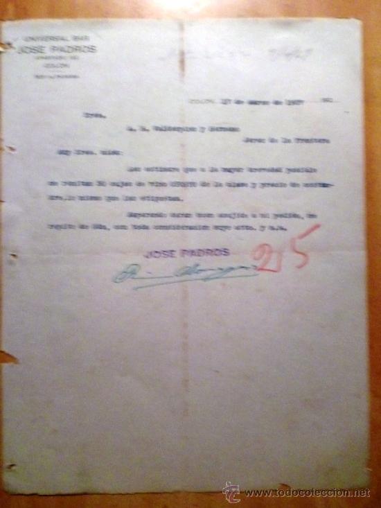 Cartas comerciais: CARTA COMERCIAL. COLON (PANAMA). MARZO 1927. UNIVERSAL BAR. JOSE PADROS.