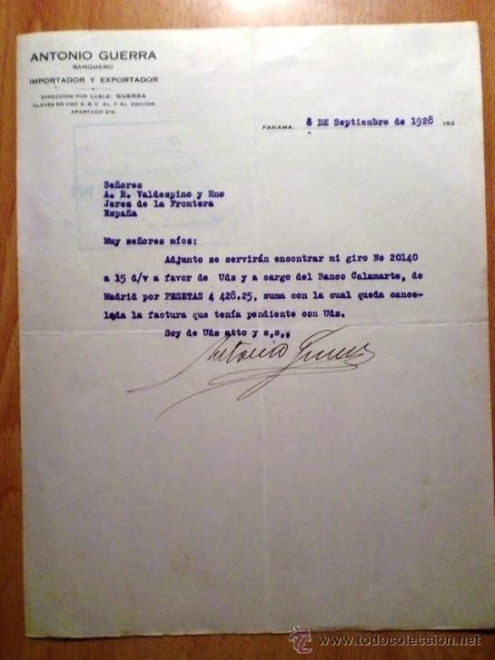 Cartas comerciais: CARTA COMERCIAL. PANAMA (PANAMA). SEPTIEMBRE 1928. ANTONIO GUERRA. BANQUERO. IMPORTADOR Y EXPORTADOR
