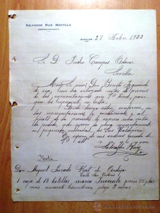 Cartas comerciais: CARTA COMERCIAL. ANDUJAR (ESPA&Ntilde;A). NOVIEMBRE 1922. SALVADOR RUIZ MONTILLA. CORREDOR-COMISIONISTA.