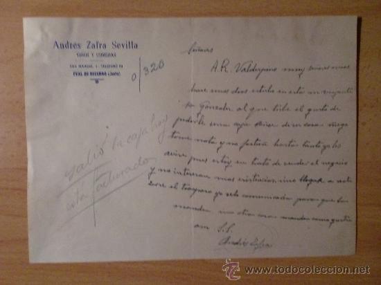 Cartas comerciais: CARTA COMERCIAL. PEAL DE BECERRO, JAEN (ESPA&Ntilde;A). JUNIO 1954. ANDRES ZAFRA SEVILLA. VINOS Y COMIDAS.
