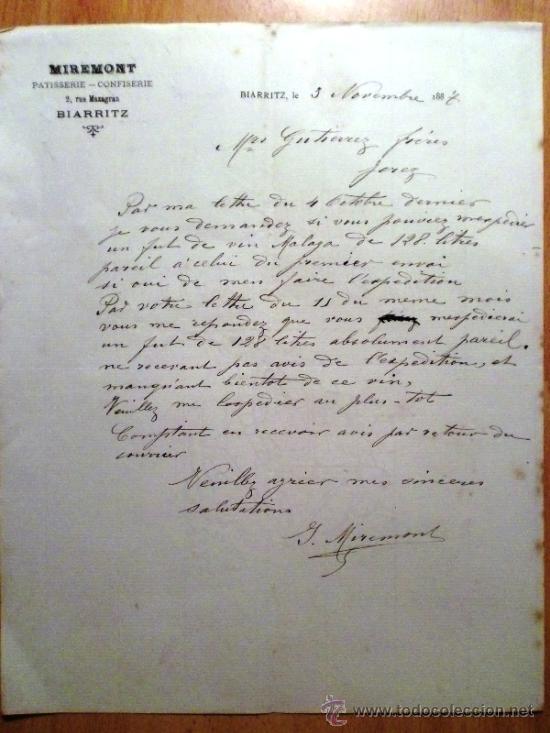 Cartas comerciais: CARTA COMERCIAL. BIARRIZ (FRANCIA). NOVIEMBRE 1887. MIREMONT. PATISSERIE-CONFISERIE.