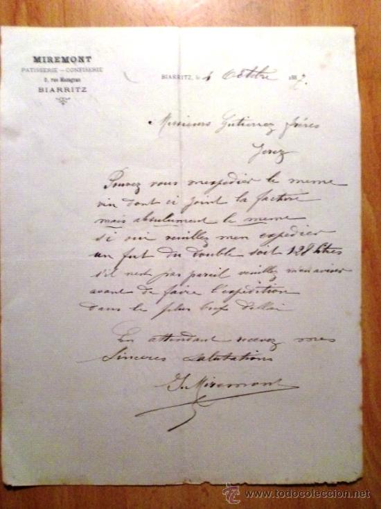 Cartas comerciais: CARTA COMERCIAL. BIARRIZ (FRANCIA). OCTUBRE 1887. MIREMONT. PATISSERIE-CONFISERIE.