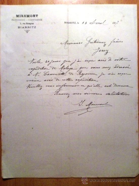 Cartas comerciais: CARTA COMERCIAL. BIARRIZ (FRANCIA). ABRIL 1887. MIREMONT. PATISSERIE-CONFISERIE.