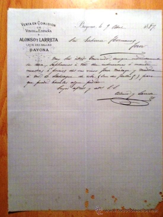 Cartas comerciais: CARTA COMERCIAL. BAYONA (FRANCIA). ABRIL 1887. ALONSO Y LARRETA. VENTA DE COMISION VINOS DE ESPA&Ntilde;A.