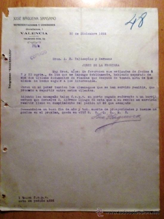 Cartas comerciais: CARTA COMERCIAL. VALENCIA (ESPA&Ntilde;A). DICIEMBRE 1922. JOSE BAGUENA SANSANO. REPRESENTACIONES.
