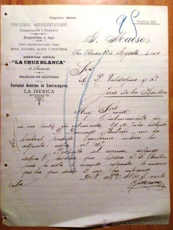 Cartas comerciais: CARTA COMERCIAL. SAN SEBASTIAN (ESPA&Ntilde;A). AGOSTO 1901. G. MAESO. COMISIONES-REPRESENTACIONES.