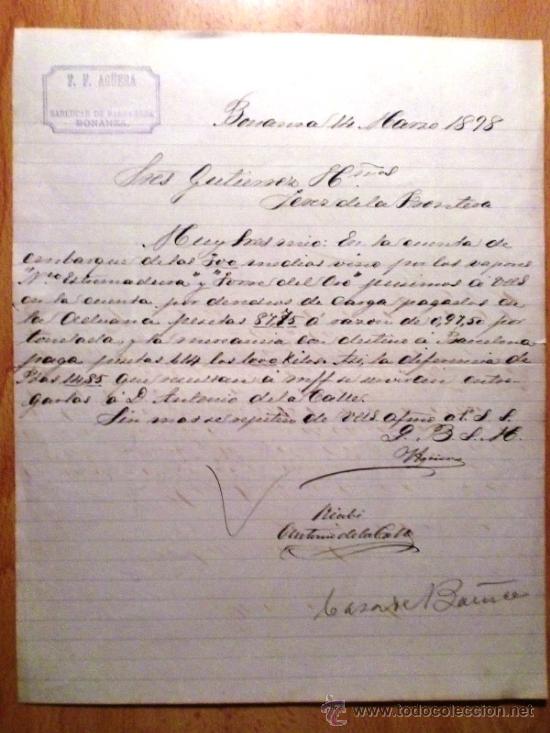Cartas comerciais: CARTA COMERCIAL. SAN LUCAR DE BARRAMEDA, CADIZ (ESPA&Ntilde;A). MARZO 1898. F. F. AGUERA.