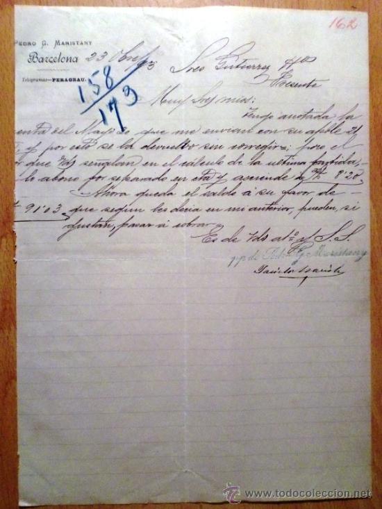 Cartas comerciais: CARTA COMERCIAL. BARCELONA (ESPA&Ntilde;A). OCTUBRE 1893. PEDRO G. MARISTANY.