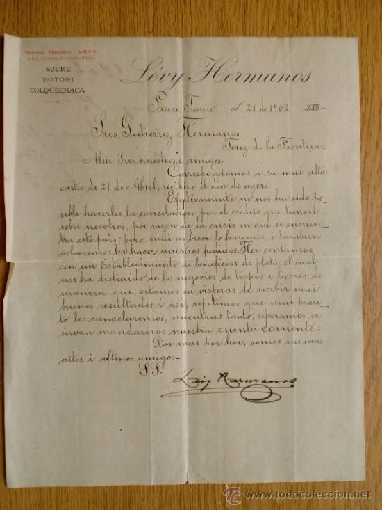 Gesch&auml;ftsbriefe: CARTA COMERCIAL. SUCRE (BOLIVIA). JUNIO 1902. LEVY HERMANOS.