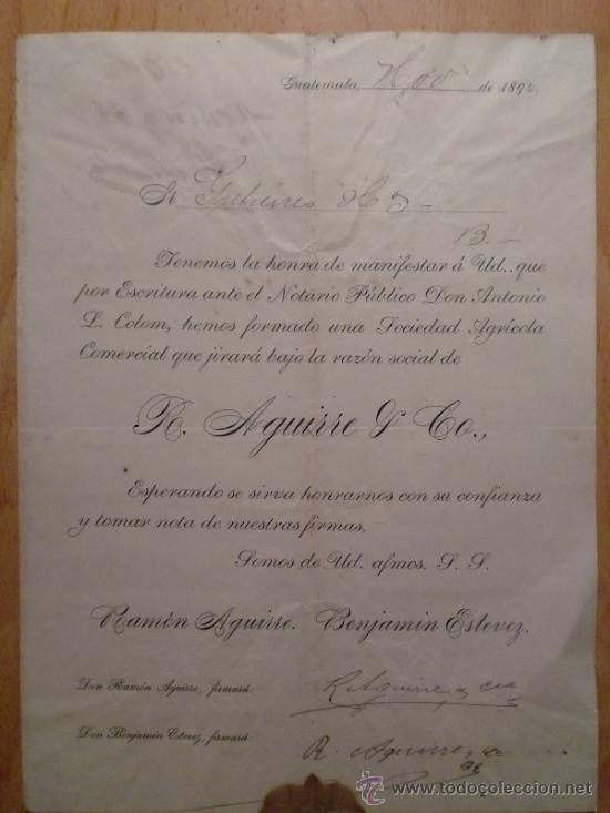 Commercial Letters: CIRCULAR. GUATEMALA (GUATEMALA). NOVIEMBRE 1894.  R. AGUIRRE Y CO.