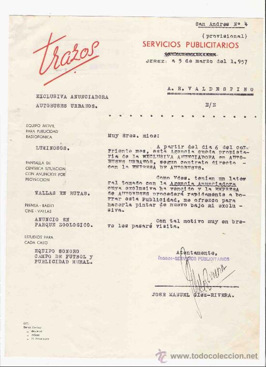 Commercial Letters: ESPA&Ntilde;A. JEREZ. CARTA. PUBLICIDAD. TRAZOS. SERVICIOS PUBLICITARIOS. JOSE MANUEL GONZALEZ RIVERA. 1957