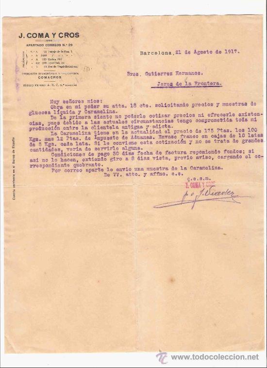 Cartas comerciales: ESPA&Ntilde;A. BARCELONA. CARTA. J. COMA Y CROS. 1917.