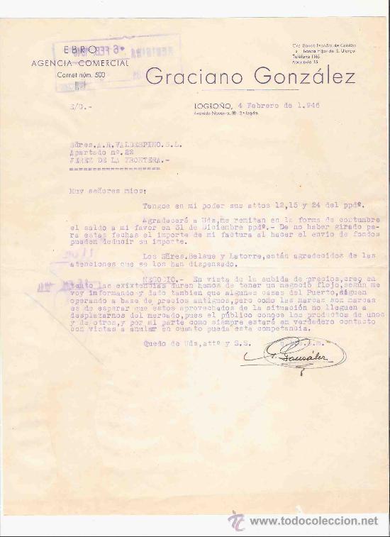 Cartas comerciales: ESPA&Ntilde;A. LOGRO&Ntilde;O. CARTA. GRACIANO GONZALEZ. EBRO. AGENCIA COMERCIAL. 1946.