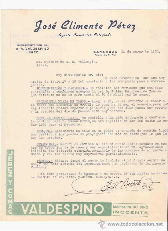 Lettres commerciales: ESPA&Ntilde;A. ZARAGOZA. CARTA. JOSE CLIMENTE PEREZ. AGENTE COMERCIAL. JEREZ Y CO&Ntilde;AC. 1953.