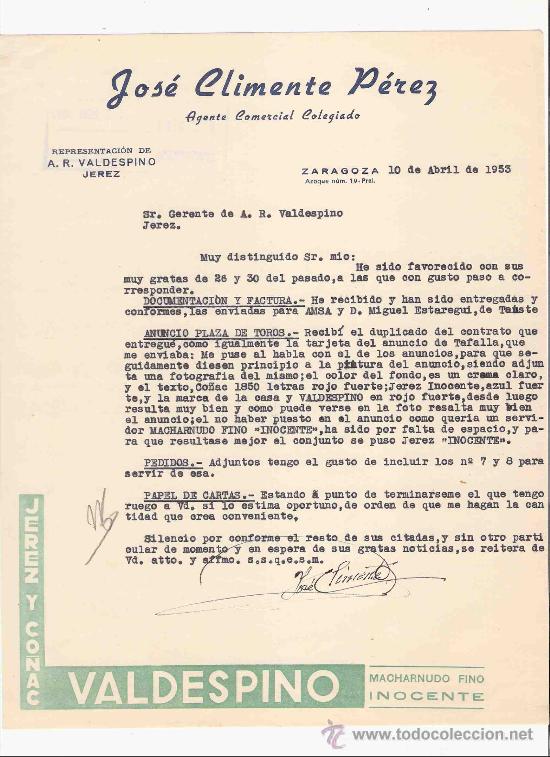 Lettres commerciales: ESPA&Ntilde;A. ZARAGOZA. CARTA. JOSE CLIMENTE PEREZ. AGENTE COMERCIAL. JEREZ Y CO&Ntilde;AC. 1953.