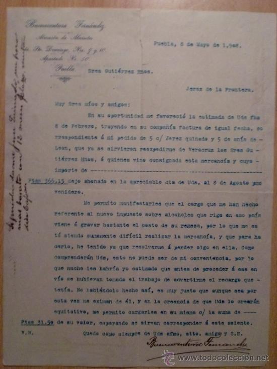 Lettres commerciales: CARTA COMERCIAL. PUEBLA (MEXICO). MAYO 1908. BUENAVENTURA FERNANDEZ. ALMACEN DE ABARROTES.
