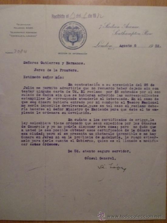 Lettres commerciales: CARTA COMERCIAL. LONDRES (INGLATERRA). AGOSTO 1932. CONSULADO GENERAL DE LA REPUBLICA DE COLOMBIA.