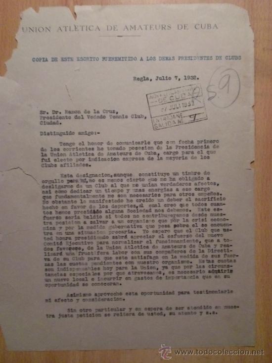 Lettres commerciales: CARTA COMERCIAL. REGLA (CUBA). JULIO 1932. UNION ATLETICA DE AMATEURS DE CUBA.