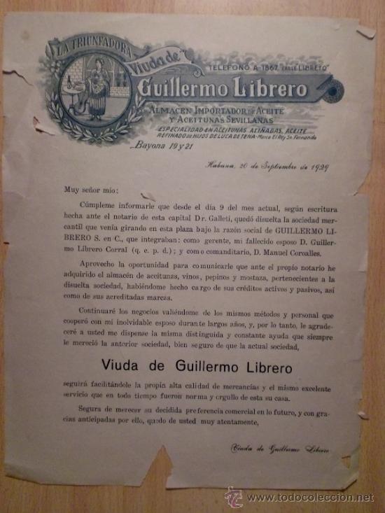 Lettres commerciales: CIRCULAR. HABANA (CUBA). SEPBRE 1929. VDA. DE GUILLERMO LIBRERO. LA TRIUNFADORA. IMPORTACION  ACEITE
