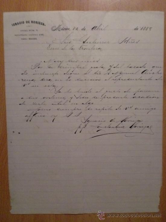 Lettres commerciales: CARTA COMERCIAL. MEXICO (MEXICO). ABRIL 1888. IGNACIO DE NORIEGA.
