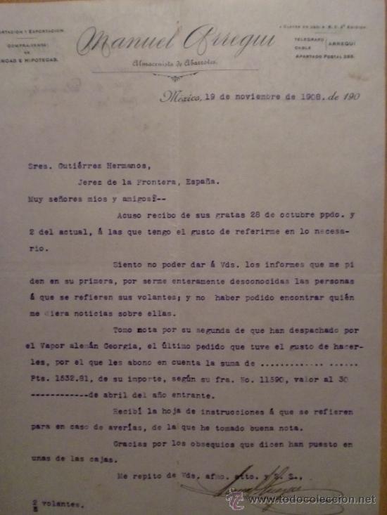 Lettres commerciales: CARTA COMERCIAL. MEXICO (MEXICO). NOVIEMBRE 1908. MANUEL ARREGUI. ALMACENISTA DE ABARROTES.