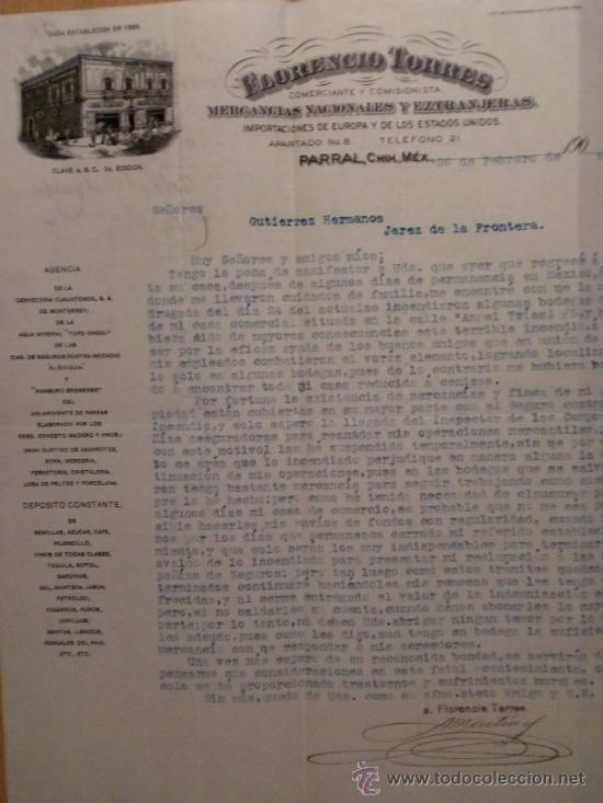 Lettres commerciales: CARTA COMERCIAL. PARRAL (MEXICO). FEBRERO 1908. FLORENCIO TORRES. COMERCIANTE Y COMISIONISTA.