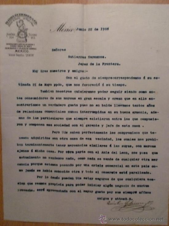 Lettres commerciales: CARTA COMERCIAL. MEXICO (MEXICO). JUINIO 1908. QUINTIN GUTIERREZ Y CIA. ALMACEN DE VIVERES.