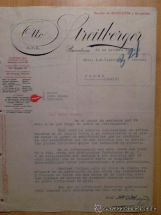 Cartas comerciales: CARTA COMERCIAL. BARCELONA. OCTUBRE 1913. OTTO DTREITBERGER. SECCION DE BICICLETAS Y ACCESORIOS.