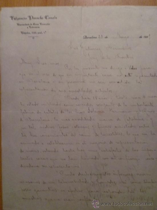 Gesch&auml;ftsbriefe: CARTA COMERCIAL. BARCELONA. MAYO 1927. FULGENCIO PARACHE CANALS. REPRESENTANTE.