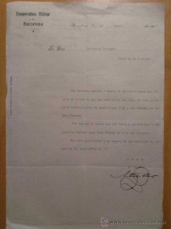 Gesch&auml;ftsbriefe: CARTA COMERCIAL. BARCELONA. AGOSTO 1917. COOPERATIVA MILITAR DE BARCELONA.