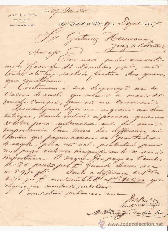 Gesch&auml;ftsbriefe: BRASIL. RIO GRANDE DO SUL. CARTA. ALBINO J. DA CUNHA. 1895.