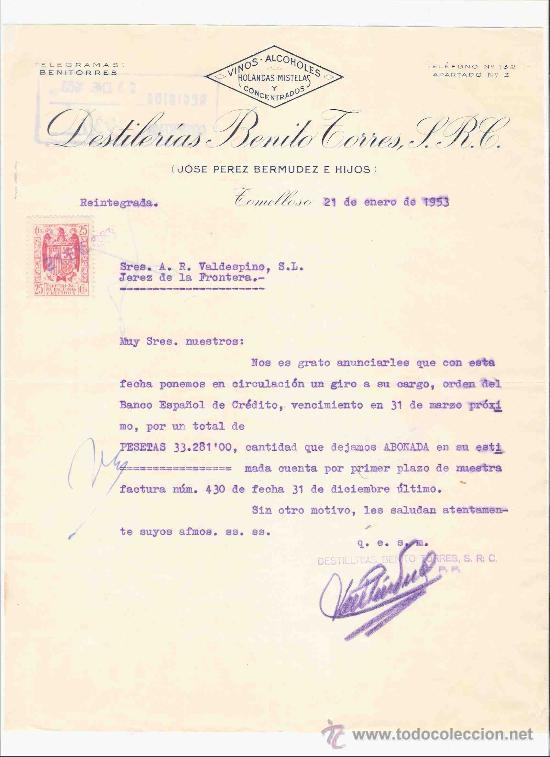 Gesch&auml;ftsbriefe: ESPA&Ntilde;A. TOMELLOSO. CARTA. DESTILERIAS BENITO TORRES. VINOS - ALCOHOLES. 1953.