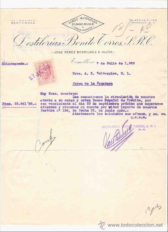 Gesch&auml;ftsbriefe: ESPA&Ntilde;A. TOMELLOSO. CARTA. DESTILERIAS BENITO TORRES. VINOS - ALCOHOLES. 1953.