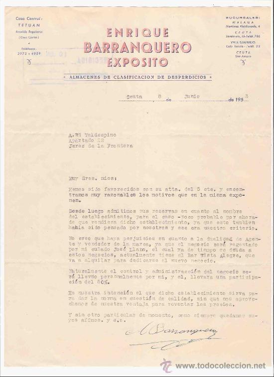 Gesch&auml;ftsbriefe: ESPA&Ntilde;A. CEUTA. CARTA. ENRIQUE BARRANQUERO EXPOSITO. ALMACENES DE CLASIFICACION DE DESPERDICIOS. 1953
