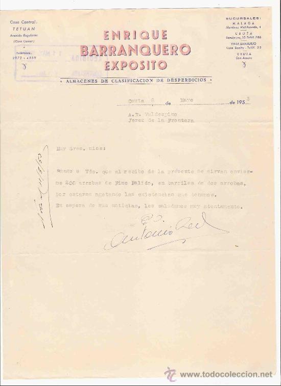 Gesch&auml;ftsbriefe: ESPA&Ntilde;A. CEUTA. CARTA. ENRIQUE BARRANQUERO EXPOSITO. ALMACENES DE CLASIFICACION DE DESPERDICIOS. 1953