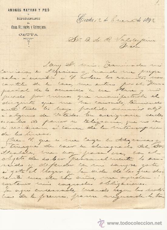 Gesch&auml;ftsbriefe: CEUTA, 12 DE ENERO DE 1892. CARTA COMERCIAL ANDR&Eacute;S MATRES Y PR&Oacute;
