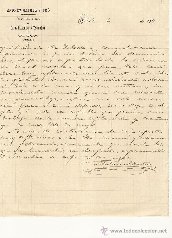Gesch&auml;ftsbriefe: CEUTA, 12 DE ENERO DE 1892. CARTA COMERCIAL ANDR&Eacute;S MATRES Y PR&Oacute;
