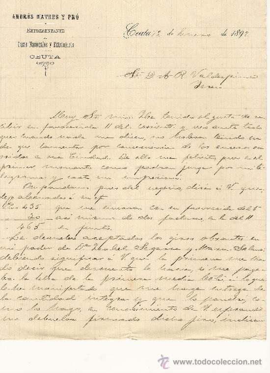 Gesch&auml;ftsbriefe: CEUTA, 12 DE ENERO DE 1892. CARTA COMERCIAL ANDR&Eacute;S MATRES Y PR&Oacute;