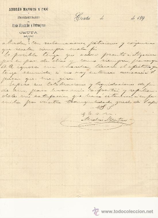 Gesch&auml;ftsbriefe: CEUTA, 12 DE ENERO DE 1892. CARTA COMERCIAL ANDR&Eacute;S MATRES Y PR&Oacute;