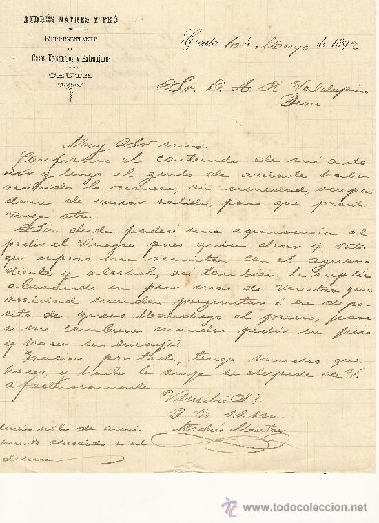 Gesch&auml;ftsbriefe: CEUTA,10 DE MAYO DE 1892. CARTA COMERCIAL ANDR&Eacute;S MATRES Y PR&Oacute;