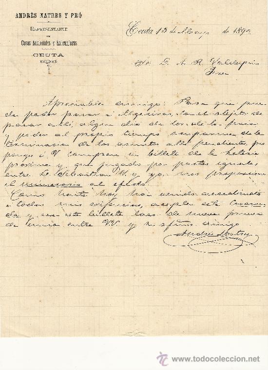 Gesch&auml;ftsbriefe: CEUTA,13 DE MAYO DE 1892. CARTA COMERCIAL ANDR&Eacute;S MATRES Y PR&Oacute;