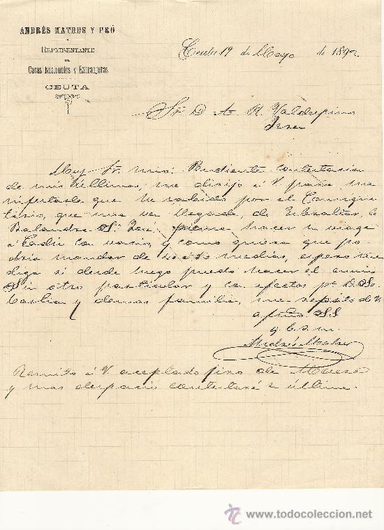 Gesch&auml;ftsbriefe: CEUTA,19 DE MAYO DE 1892. CARTA COMERCIAL ANDR&Eacute;S MATRES Y PR&Oacute;