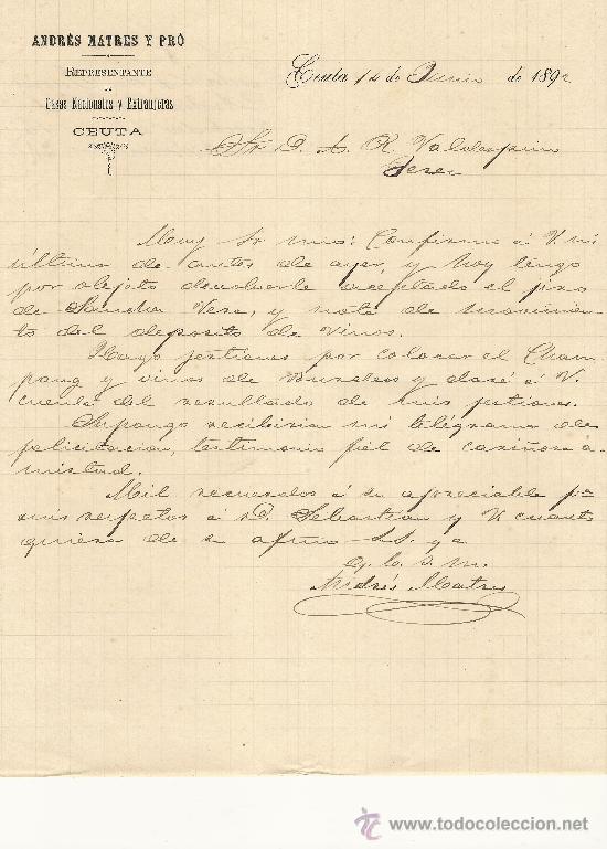 Gesch&auml;ftsbriefe: CEUTA,14 DE JUNIO DE 1892. CARTA COMERCIAL ANDR&Eacute;S MATRES Y PR&Oacute;