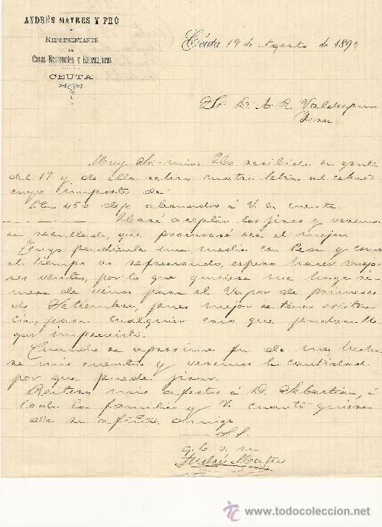 Gesch&auml;ftsbriefe: CEUTA,19 DE AGOSTO DE 1892. CARTA COMERCIAL ANDR&Eacute;S MATRES Y PR&Oacute;