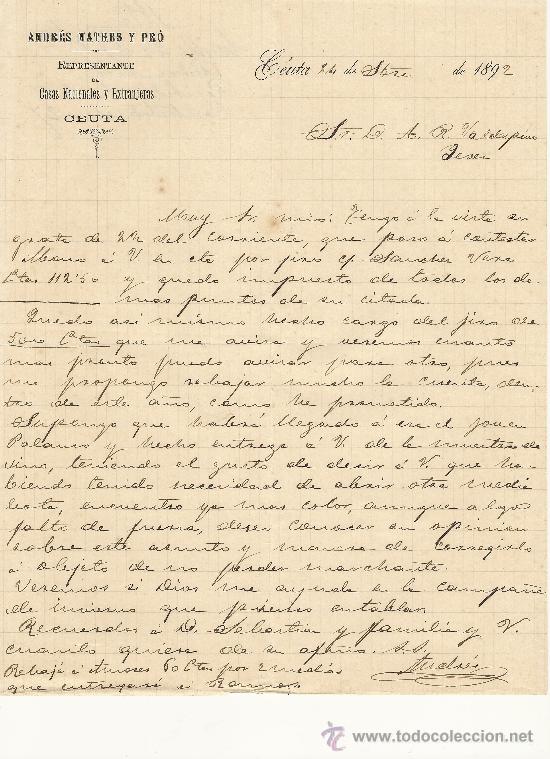 Gesch&auml;ftsbriefe: CEUTA,24 DE OCTUBRE DE 1892. CARTA COMERCIAL ANDR&Eacute;S MATRES Y PR&Oacute;
