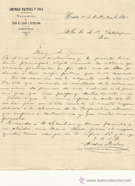 Gesch&auml;ftsbriefe: CEUTA,1 DE OCTUBRE DE 1892. CARTA COMERCIAL ANDR&Eacute;S MATRES Y PR&Oacute;