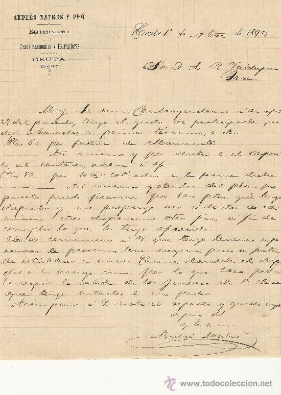 Gesch&auml;ftsbriefe: CEUTA,1 DE OCTUBRE DE 1892. CARTA COMERCIAL ANDR&Eacute;S MATRES Y PR&Oacute;