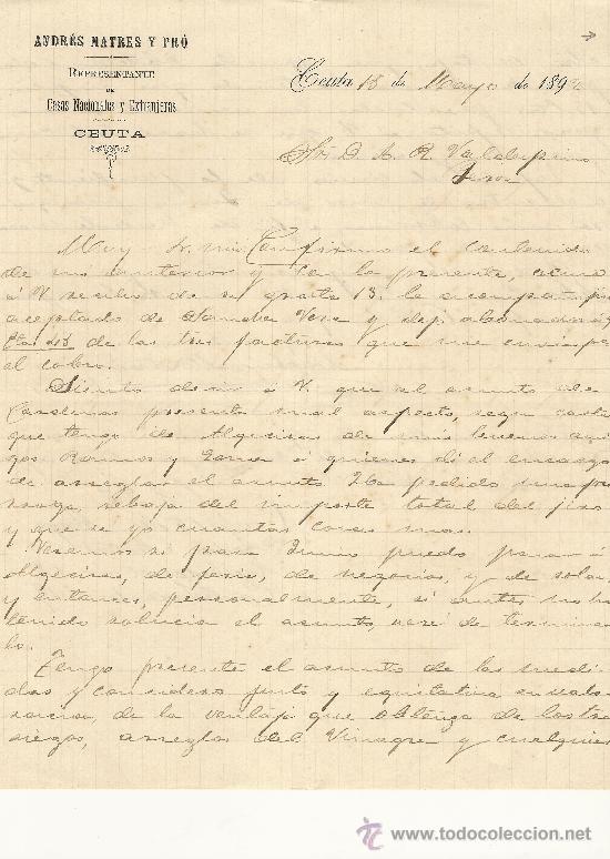 Commercial Letters: CEUTA 15 DE MAYO DE 1892 CARTA COMERCIAL ANDR&Eacute;S MATRES Y PR&Oacute;