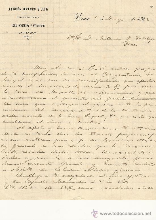 Commercial Letters: CEUTA 5 DE MAYO DE 1892 CARTA COMERCIAL ANDR&Eacute;S MATRES Y PR&Oacute;