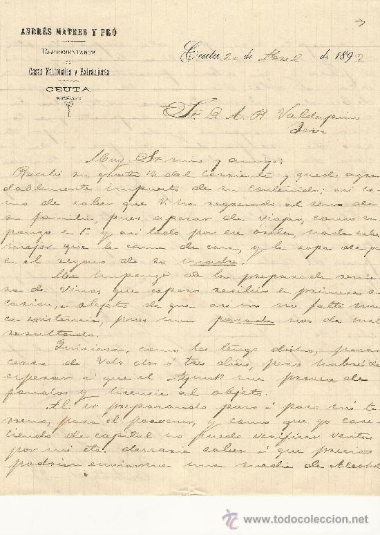Commercial Letters: CEUTA 20 DE ABRIL DE 1892 CARTA COMERCIAL ANDR&Eacute;S MATRES Y PR&Oacute;